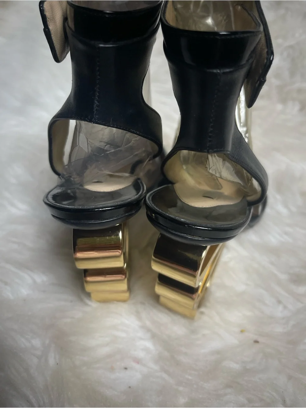 Nicholas Kirwood leather Black Ankle-Strap Heels Gold tSculpted Heel EU SZ 37.5